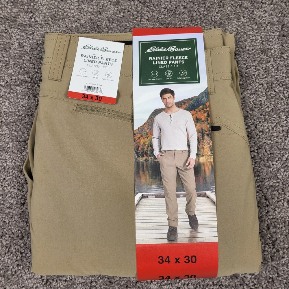 Eddie Bauer Rainier Fleece Lined Pants Mens 34x30 Tan New Hiking Tech Utility